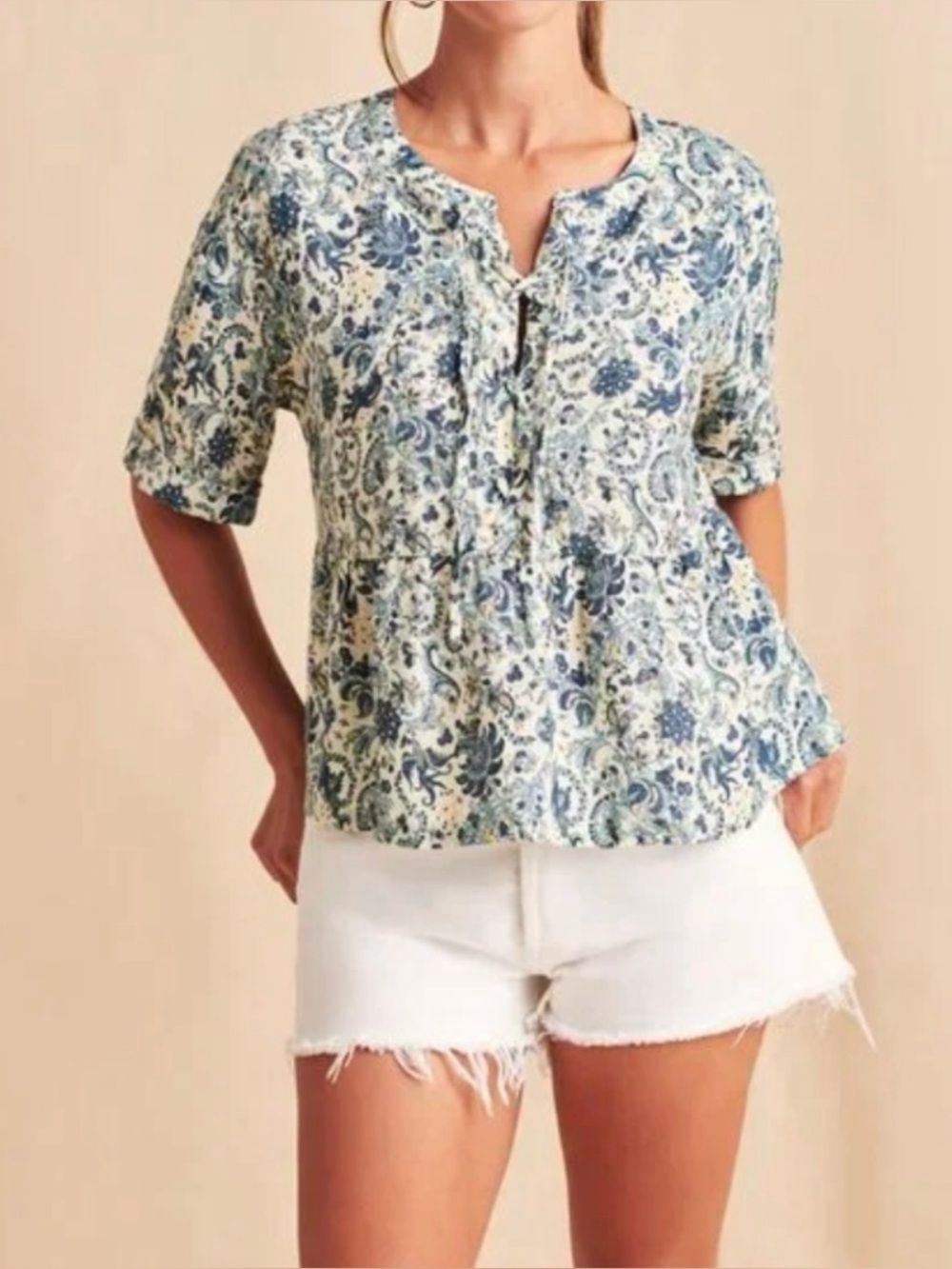 Faherty Linen Blouse Top M Blue Navy Floral Paisley Botanical Boho Cottagecore